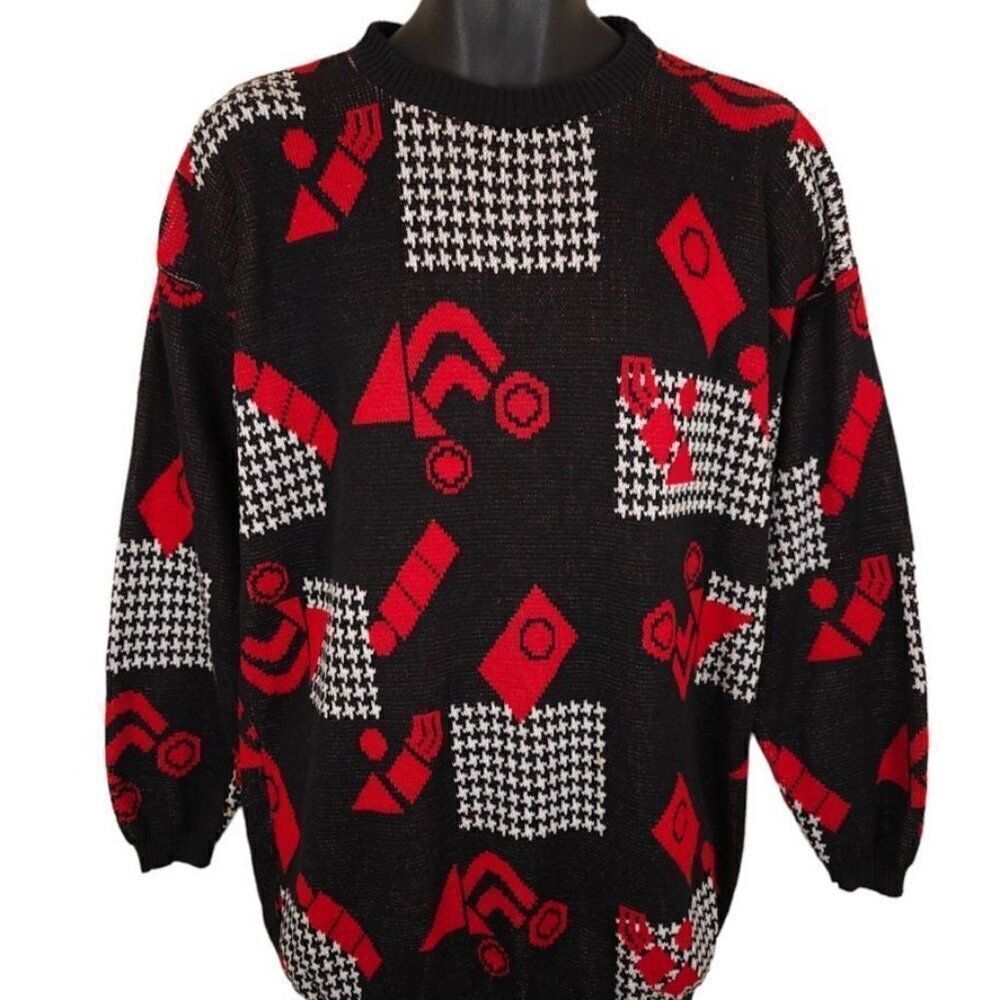 Vintage Abstract Sweater Womens Size XL Red Black 80s Geometric All Over Print